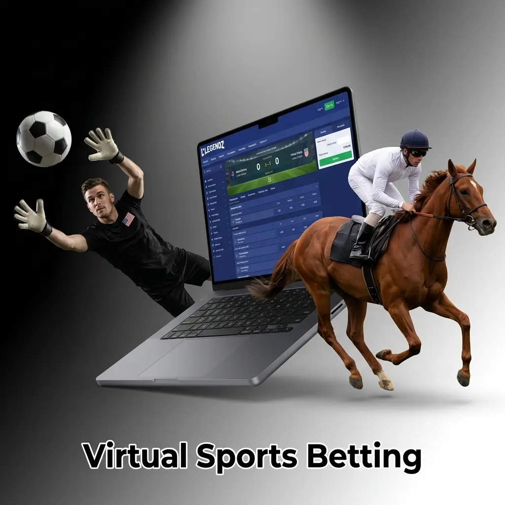 Virtual sports betting at Legendz Casino featuring RNG-powered soccer, horse racing, basketball, and greyhound racing available 24/7